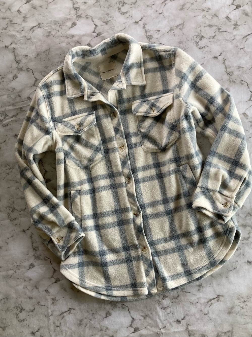 Women's white & Light Blue Plaid Button-Front fleece Shacket